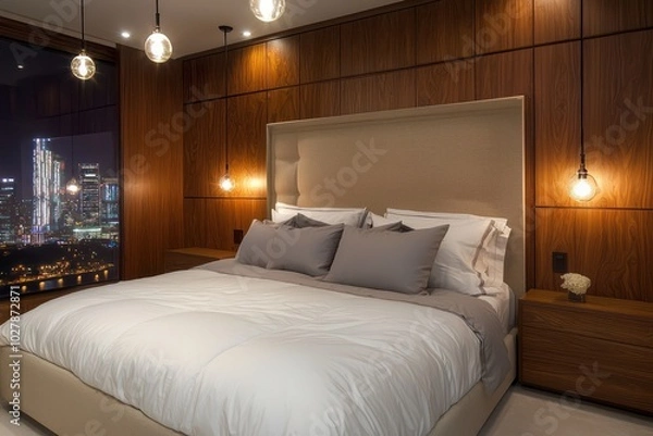 Obraz Contemporary bedroom featuring wooden panels, white and grey bedding, beige fabric headboard, and overhead hanging lights, cityscape in view