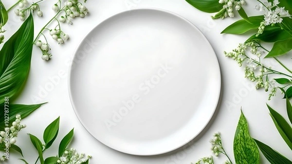 Fototapeta Blank Round Plate Mockup: A round, flat, blank plate standing on a neutral surface. The plate’s outer rim is decorated with a ring of lily of the valley flowers.