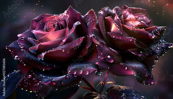 Fototapeta dark roses with flickers of light reflecting on dewdrops