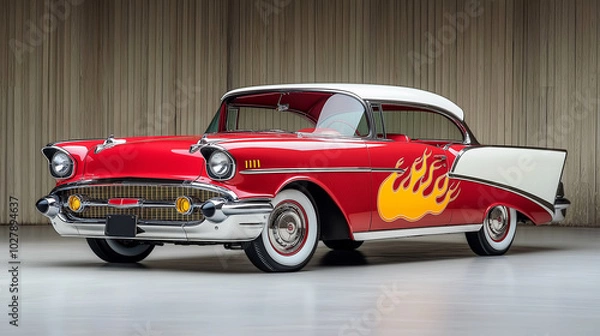 Fototapeta Red American vintage car with red flame designs on the side, round headlights, curved windshield, parked against a neutral background, emphasizing its classic style and vibrant colour. AR 16:9