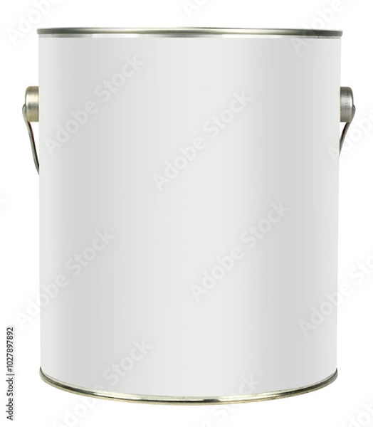 Obraz Paint can gallon tin with blank white label to add your design to and silver metal handle folded behind it isolated on colorless background. Clipping path for can and label area included.