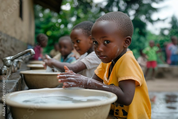Fototapeta Children Washing Hands at Outdoor Basin in Rural Setting