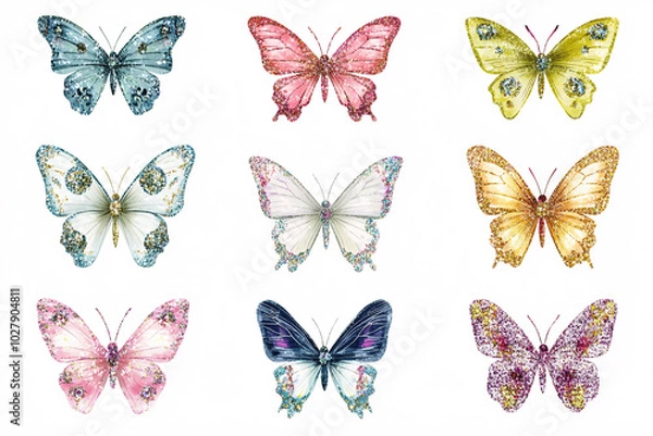 Fototapeta Nine colorful butterflies with detailed wings arranged in a grid pattern on a white background creating a beautiful nature-inspired design
