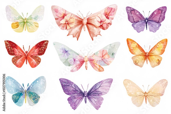 Fototapeta An artistic display of nine butterflies in various colors and styles set against a white background highlighting their unique beauty