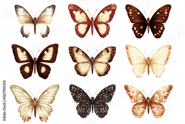 Fototapeta Nine detailed butterflies with unique wing designs in soft brown and cream tones arranged on a white background

