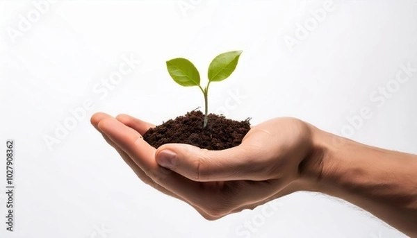 Fototapeta Sustainability and Growth. Symbolic Image of a Hand Nurturing a Tree with Soil, Representing Environmental Care, Conservation, and Future Eco Friendly Development