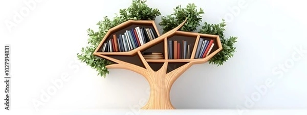 Obraz A simple vector graphic of an elegant tree-shaped bookshelf with books on each branch, against a white background
