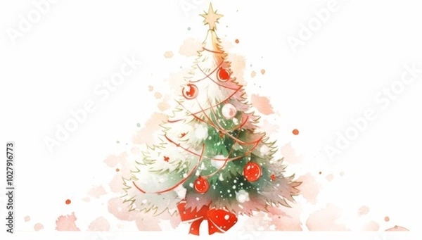 Obraz Charming Christmas Tree with White and Red Ornaments in a Vector Illustration, Featuring Blank Space for Text or Graphics, Perfect for a Christmas Card Banner Design.