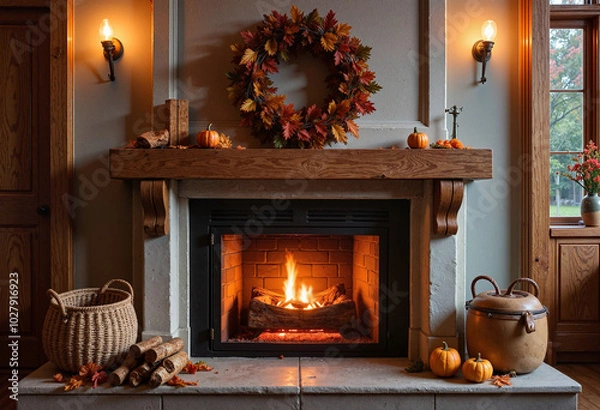 Fototapeta A cozy fireplace decorated for Thanksgiving with a wreath of autumn leaves, small pumpkins, and a stack of firewood next to it.  