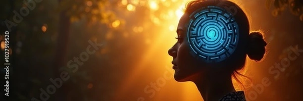 Fototapeta A contemplative woman in a forest, her silhouette illuminated by sunlight, featuring a digital maze within her mind, symbolizing creativity and innovation.