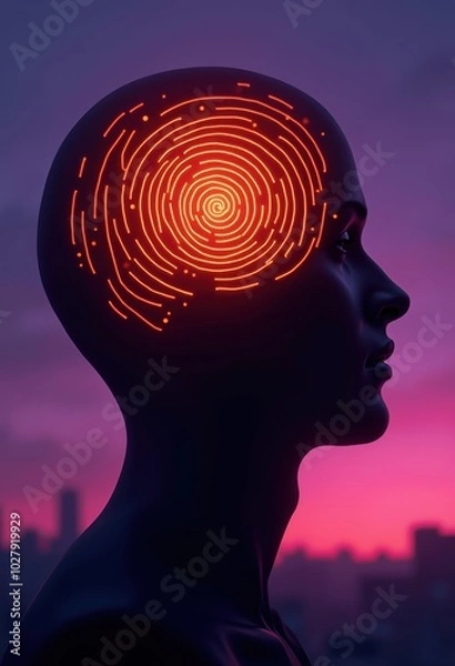 Fototapeta Explore the intersection of technology and consciousness with this stylized depiction of a human head, featuring an intricate glowing brain pattern that symbolizes innovation.