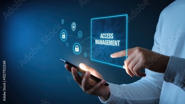 Fototapeta Hand using smartphone to access management features on digital interface.