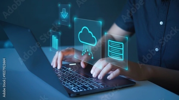 Fototapeta Person using a laptop with digital cloud and data icons displayed.