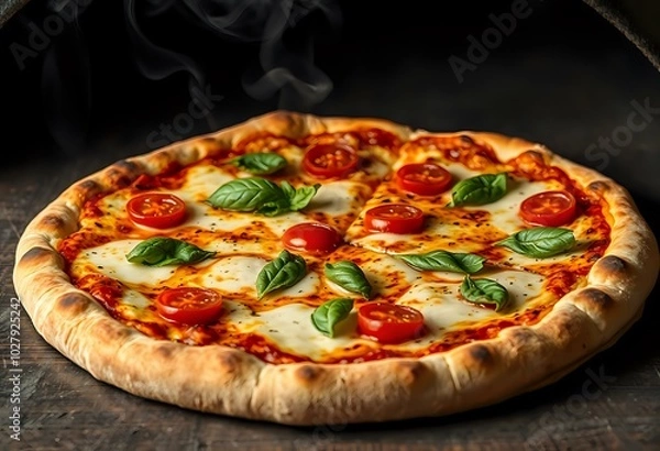 Obraz Rustic Freshly Baked Pizza with Tomato & Basil on Wooden Board
