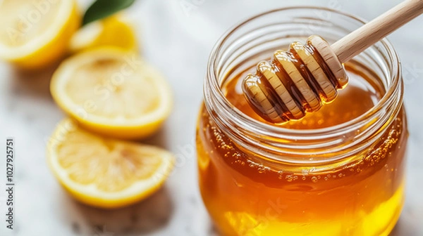Fototapeta Honey and lemon, a jar of honey and lemon slices, Immune system boost, Immune-boosting foods, Healthy lifestyle