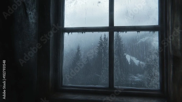 Fototapeta A foggy window in a cozy cabin, with condensation dripping down the glass on a rainy day.
