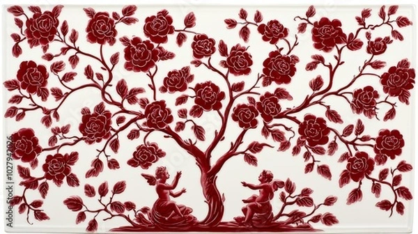 Obraz Whimsical Cherub Pattern in Red and White Design