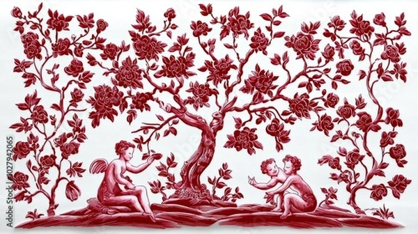 Obraz Whimsical Cherubs in Red Toile Pattern