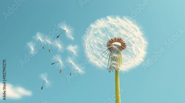 Fototapeta A dandelion is blowing in the wind, with its seeds scattered in the air. Concept of freedom and spontaneity, as the dandelion's seeds are carried away by the wind