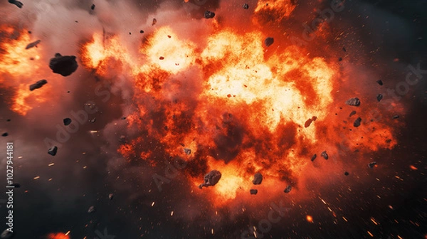 Fototapeta A fiery explosion with a lot of debris and rocks. The image is in black and white and has a very dramatic and intense mood