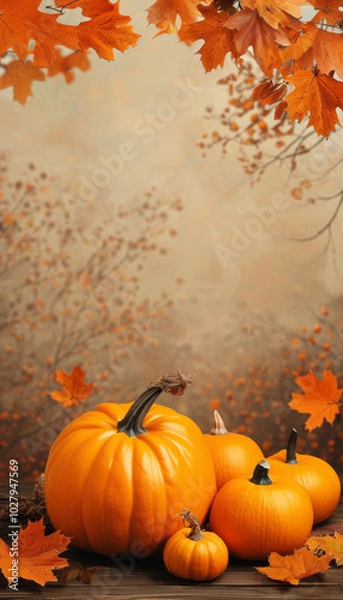 Fototapeta Kürbisse liegen auf einem Boden, umgeben von fallenden orangefarbenen Herbstblättern vor einem unscharfen Hintergrund in Braun- und Beigetönen. Platz für Text.  9:16 Hochformat Generative KI