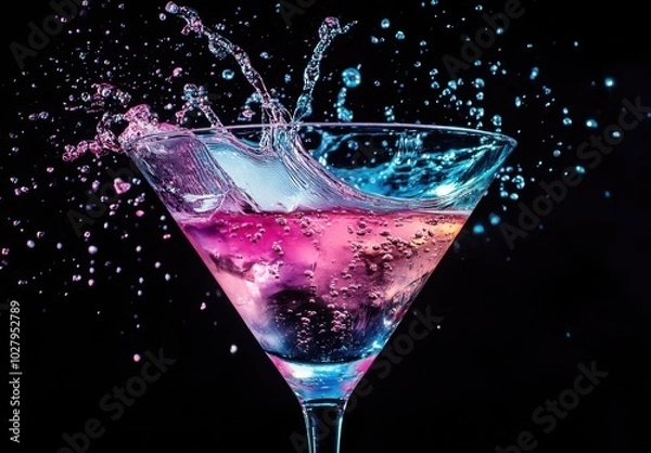 Fototapeta Photo of a fancy pink and blue cocktail with splashes, against a black background, in a martini glass, with liquid exploding from the top.