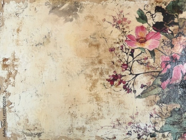 Fototapeta A vintage style artwork featuring a richly textured aged background adorned with vibrant flowers, blending nature with a rustic, antique feel. A perfect harmony of art.