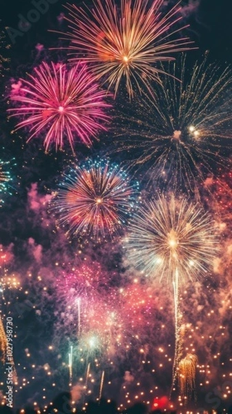 Fototapeta Vibrant display of colorful fireworks in a night sky, bursting with bright colors. Ideal for New Year's Eve celebrations.