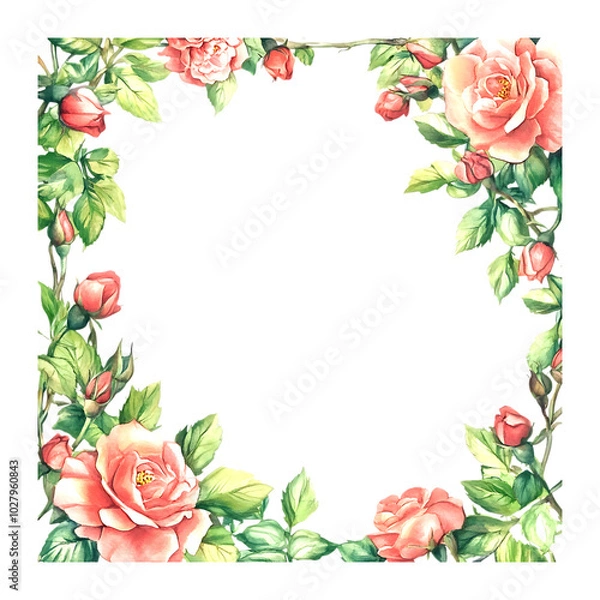 Fototapeta Watercolor frame template with roses and leaves for beautiful design projects