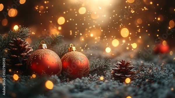 Fototapeta Christmas tree with red baubles, fir cones and lights bokeh background. Space for text. Copy space. Greeting card.