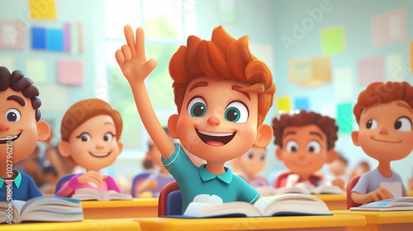 Fototapeta Cartoon classroom filled with smiling students, with one boy raising his hand to answer a question. Concept of active learning, classroom participation, and education.