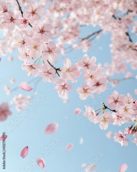 Obraz Delicate Pink Cherry Blossoms Falling Gracefully Against a Soft Blue Sky.