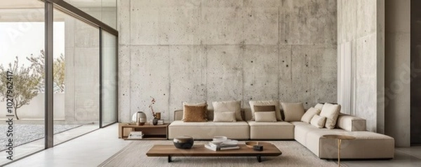 Fototapeta Expansive ultra-wide view of a modern living room with a beige sofa, coffee table, and a minimalist concrete wall