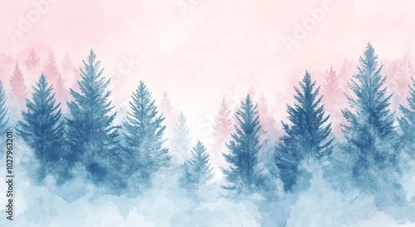 Obraz Enchanting Winter Landscape with Snow-Covered Pine Trees in Soft Pastel Colors