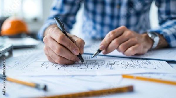 Fototapeta Architect analyzing construction blueprints at a desk, planning and design concept in architectural development.