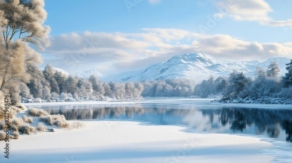 Obraz Majestic snowy landscape with a serene lake and mountains in the distance, reflecting the clear blue sky above.