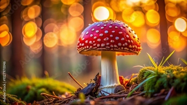Fototapeta Vibrant Young Fly Agaric Mushroom Glowing in the Evening Sunlight – Nature's Splendor Captured in Conceptual Photography