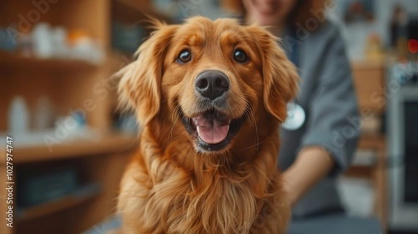 Fototapeta A veterinarian examining a dog on an examination table, using a stethoscope to listen to its heartbeat