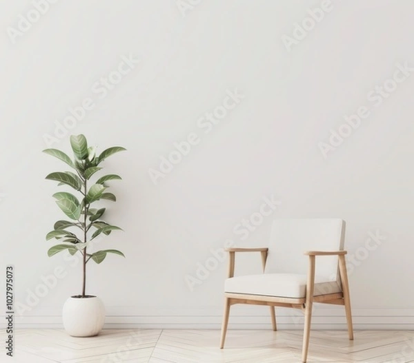 Fototapeta 白い壁を背景に、座り心地のよいアームチェアと鉢植えのあるミニマルなインテリア。デザインや製品の展示に最適です。