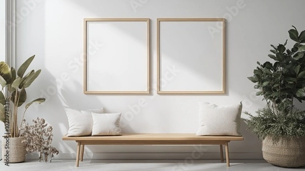 Fototapeta Minimalist Interior with Wooden Bench and Blank Frames in Bright Living Room with Green Plants