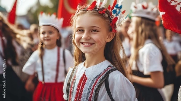 Fototapeta A young girl smiles and looks at the camera while wearing a traditional folk costume and standing in a group of children.