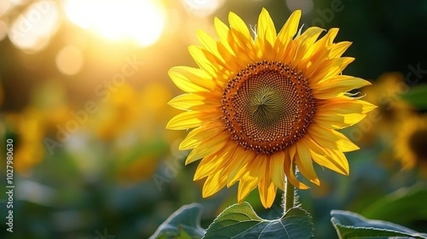 Obraz  A sunflower amidst sunflowers with sunlight filtering through leaves and sun in the backdrop