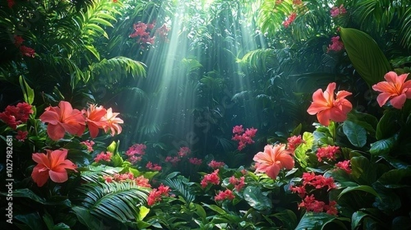 Fototapeta   A vibrant forest brimming with an array of flowers and radiant sunbeams filtering through the verdant foliage