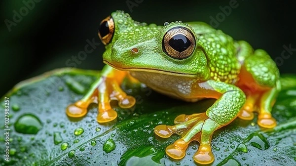 Fototapeta   Frog on leaf with water droplets against green backdrop