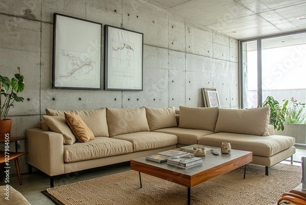 Fototapeta Modern living room showcased in a  aspect ratio with a beige sofa, coffee table, and a concrete wall, perfect for architectural magazines