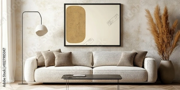 Fototapeta Japandi-Inspired Minimalist Interior Design of a Contemporary Living Room with Boucle Sofa Against Stucco Wall and Abstract Art Frame