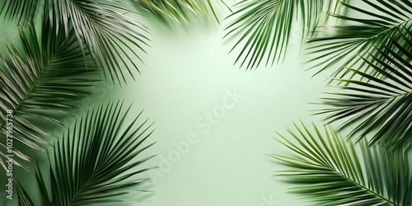 Fototapeta Summer concept. Palm tree branches with leaves for creative frame border isolated on light green background, flat lay design, top view 