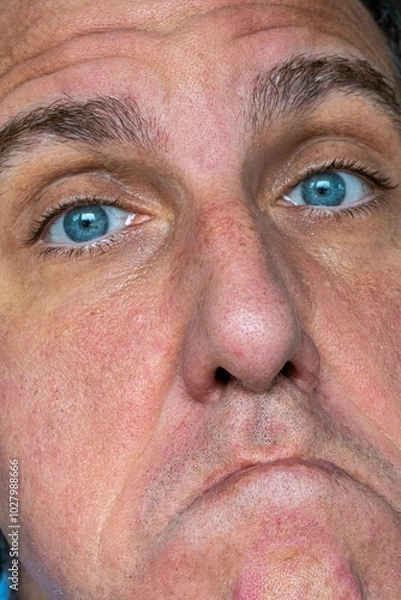 Fototapeta Funny, angry and weird face expression of a close up man.