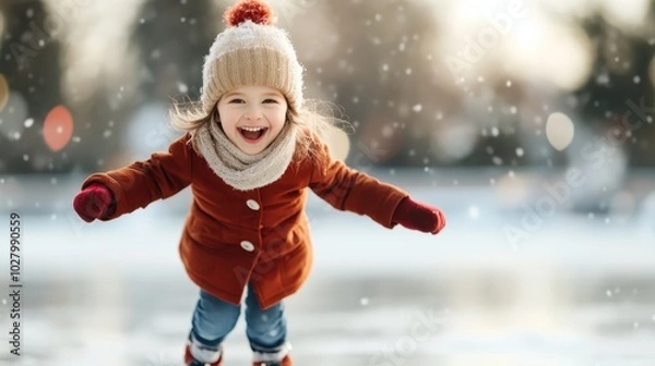 Fototapeta A young child is seen ice skating with pure delight, wearing a warm brown coat and red mittens, as snow gently falls around creating a serene wintry scene.