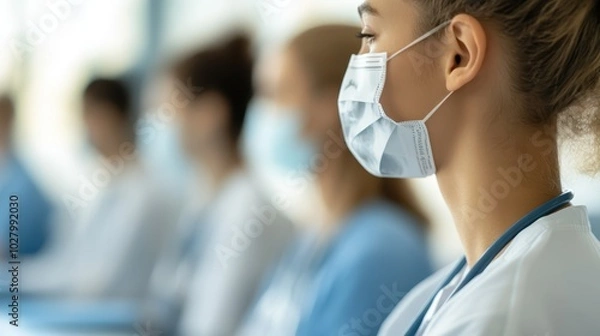 Fototapeta A diverse group of medical students attentively listens to a lecture, wearing scrubs and masks, representing dedication and focus in a modern educational environment.
